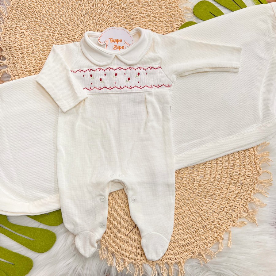 Saída de Maternidade Tricotil (Tricot 100% Algodão) - Off White com Tulipas Vermelhas